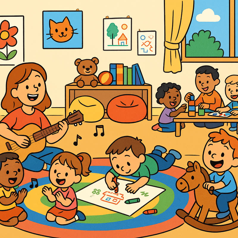 Illustration of a classroom with students interacting